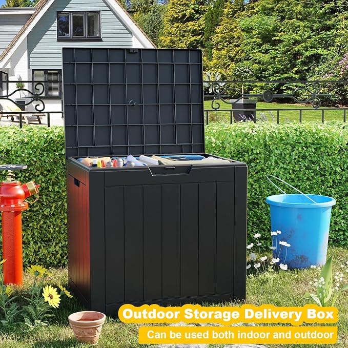ROJIK Outdoor Storage Housing Deck Box-Waterproof Patio Furniture,Garden Tools,Cushions,Pool Accessories Storage Waterproof Resin Box with Capacity (31 Gal & Black)