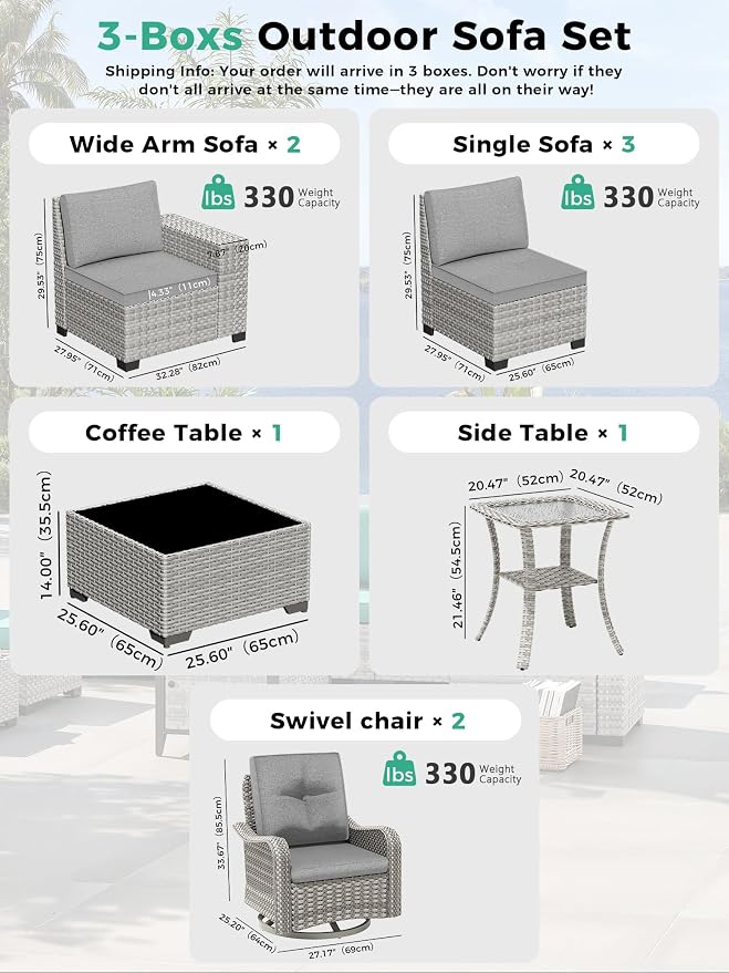 9 Piece Outdoor Patio Furniture Set with Swivel Chairs, 7-Seats Wicker Sectional Sofa Set with Thickened Cushions & Coffee Tables for Garden, Backyard, Porch, Gray
