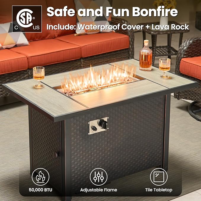 ovios 7-Piece Patio Furniture Set with Swivel Chairs Side Table, Outdoor Wicker Sofa with 42" Fire Pit Table, High Back Couch Modern Conversation Sets, Brown/Orange Red