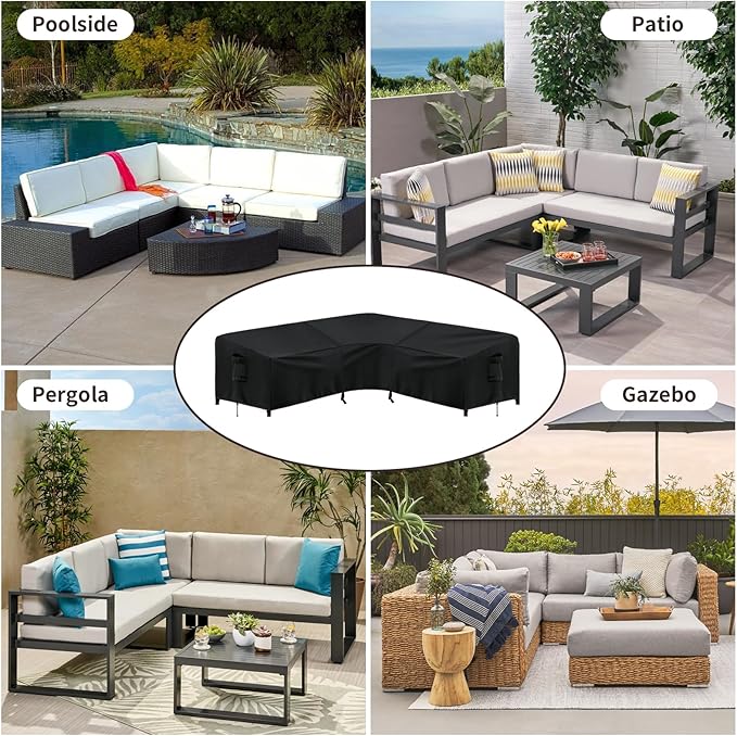 PureFit Outdoor Sectional Sofa Cover Waterproof V Shaped Patio Furniture Covers for Deck, Lawn and Backyard, 89”x89”, Black