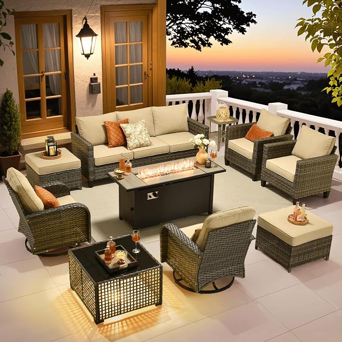 ovios 10 Pieces Patio Furniture Set, Outdoor Wicker Sofa Couch with Swivel Glider Chairs Solar Light Table Fire Pit, Modern Deep Seat Rattan Conversation Sets, Beige