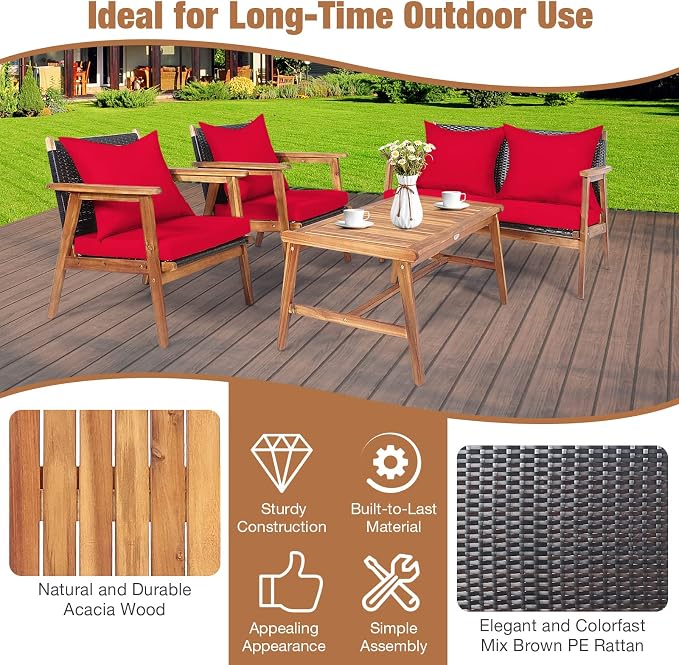 HAPPYGRILL 4PCS Outdoor Rattan Sofa Set Acacia Wood Frame Conversation Set with Coffee Table, Sectional Furniture Set with Cushions for Backyard Porch Garden Poolside Balcony