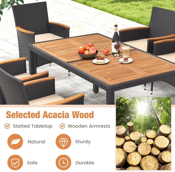 DORTALA Patio Dining Furniture Set for 6, 7 Piece PE Rattan & Acacia Wood Outdoor Table and Chairs with Umbrella Hole, Cushions for Backyard Poolside, 400 Lbs Capacity, Black