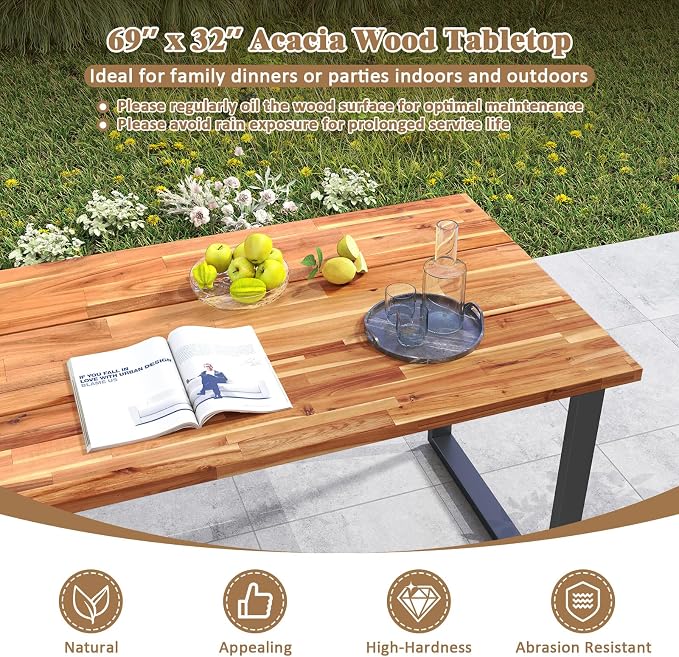 RELAX4LIFE 7-Piece Outdoor Dining Set - 63’’ Rectangular Acacia Wood Table w/6 Stackable Chairs & Metal Frame, Patio Furniture Set with Umbrella Hole for Garden Porch, Patio Table and Chairs Set for 6