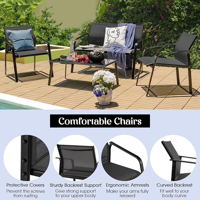 HAPPYGRILL 4 Piece Outdoor Conversation Set Patio Furniture Set, Breathable Fabric Single Chairs & Loveseat, Tempered Glass Coffee Table, Patio Bistro Set for Poolside Yard Garden