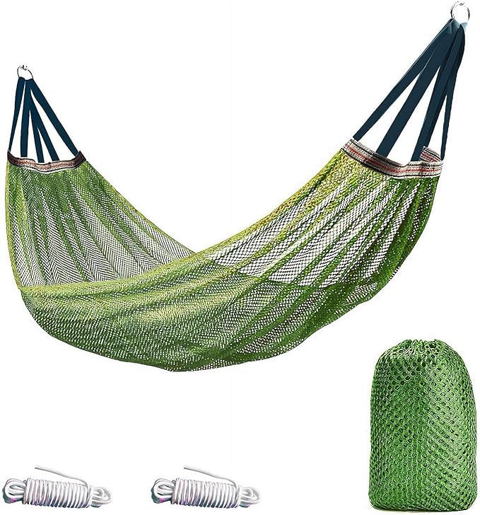 Outdoor Hammock, Load Bearing Camping Hammock, Super Soft and Breathable Nylon Mesh Hammock, with Portabl Carry Bag, Handwoven Mayan Family Hammock, for Outside Outdoor Patio Backyard (Green)