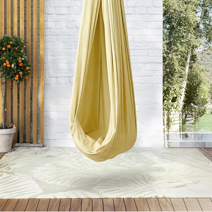 GarveeLife Dual-Layer Cotton Sensory Hammock Swing for Kids & Adults, Calming Compression Therapy, 360° Swivel, Adjustable Height, Indoor & Outdoor Use, 300 lbs Capacity, Light Yellow