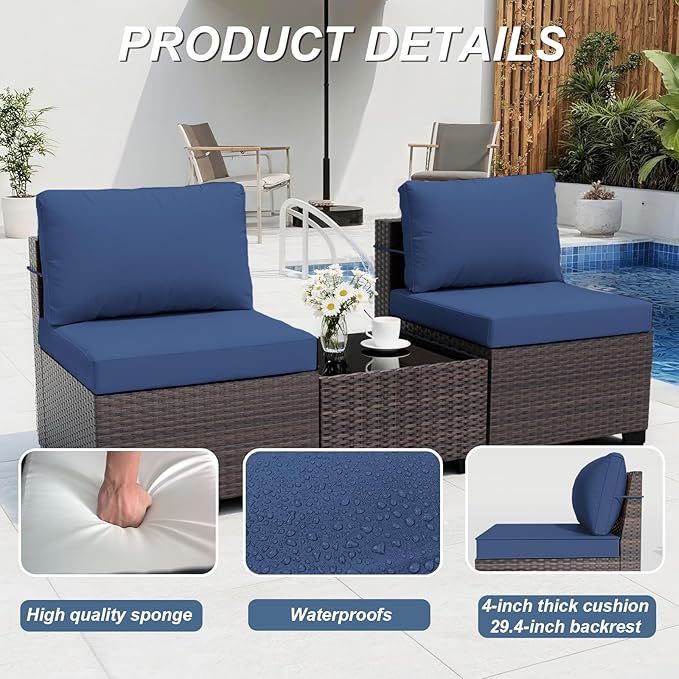 ALAULM Patio Furniture Set with Coffee Table, 14 Pieces Outdoor Sectional with Wide Seat and Thick Cushion, All Weather Wicker Rattan Conversation Set for Backyard, Garden, Deck, NavyBlue