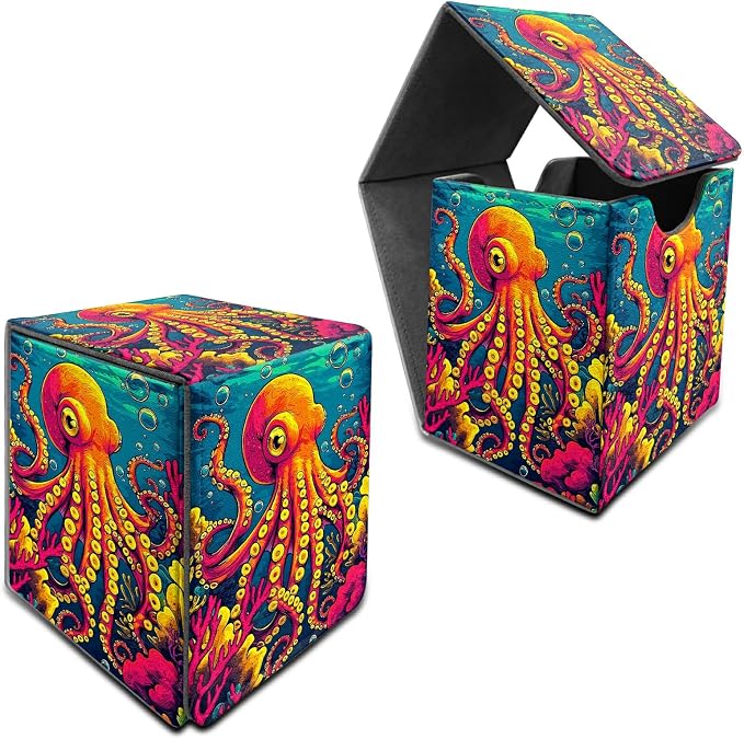Octopus Ocean Bottom Card Deck Box for MTG, Personalized Card Storage Case Fits 120+ Sleeved Cards, Premium Leather TCG Box with Strong Magnetic Closure for Magic, CCG, PTCG, Baseball Cards