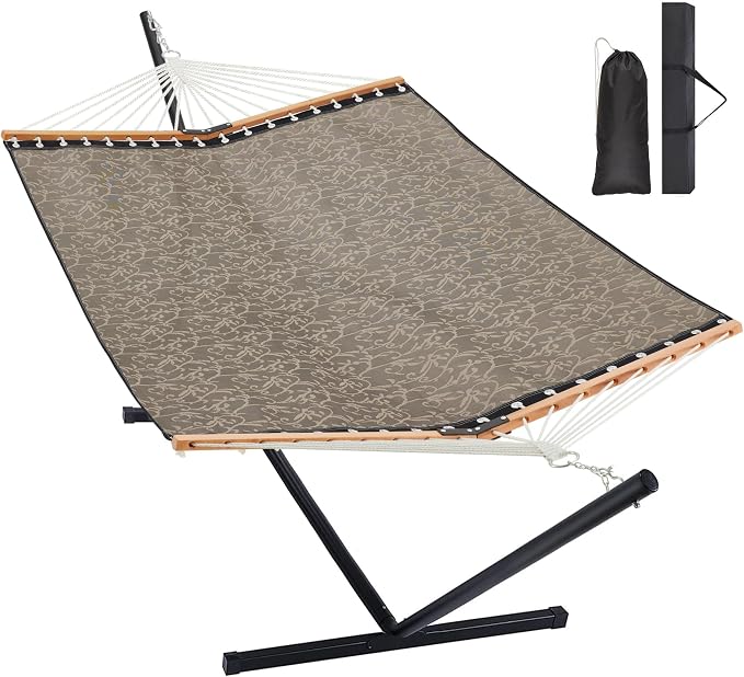 Homgava Two Person Hammock with Stand for Outside Heavy Duty, Outdoor Patio Hammock with Portable Steel Stand, Large Double Hammocks with Quick Dry Textilene Fabric,480lbs Capacity(Mocha)