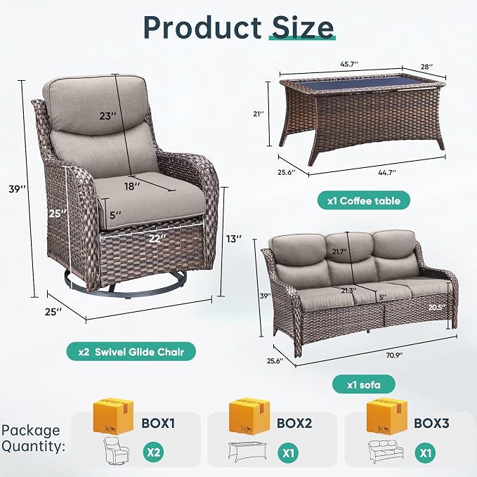 Outdoor Swivel Rocker Patio Chairs Set of 4 with Sofa - 5" Thick Cushion 4 Piece Furniture Set with Sofa All Weather Wicker Conversation Set for Porch Deck - Brown Wicker | Grey Cushions