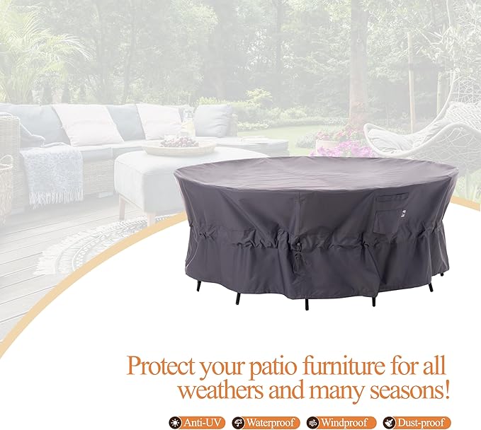 WJ-X3 Ripstop 84 Round Patio Table Cover, Waterproof, UV Resistant, Anti-Fading Outdoor Cover for Round Dining Table and Chairs Set, 84" D x 31" H, Grey