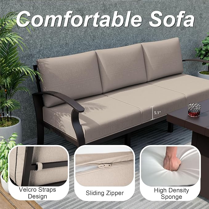 ALAULM Aluminum Patio Furniture Set with Coffee Table Rectangular, 7-seat Outdoor Sectional Furniture w/Swivel Chairs, Patio Conversation Set for Porch, Backyard, Poolside-Sand