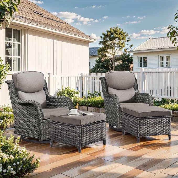 Outdoor Swivel Rocker Patio Chairs with 2 Ottomans - 5" Thick Cushion 4 Piece Furniture Set All Weather Comfortable Wicker Conversation Set for Porch Poolside and Deck - Gray/Gray