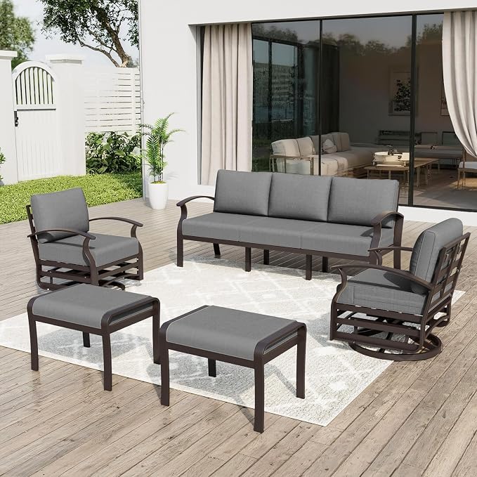 ALAULM Aluminum Patio Furniture Set with Swivel Chairs 7-seat Metal Outdoor Furniture Patio Sectional Sofas w/2 Ottomans for Porch, Backyard, Poolside-Grey
