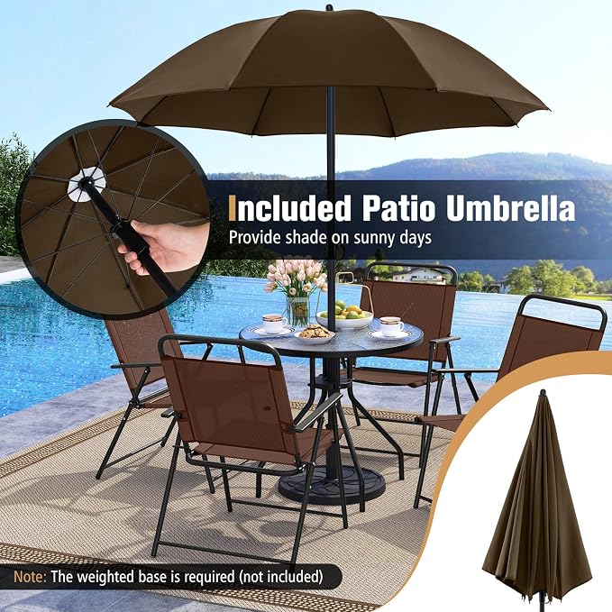 Tangkula 6 Pieces Folding Patio Dining Set, 4 Chairs and 31.5 inches Round Table, Patio Umbrella Included, for Indoor Outdoor Poolside or Balcony (Brown)