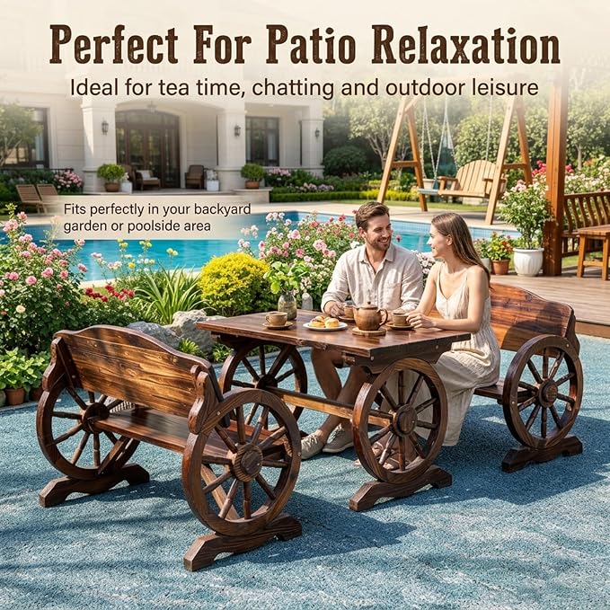 3 Pieces Patio Dining Set, Outdoor Wooden Rectangular Table and Benches,Rustic Wheel Bench Outside Furniture Set for Patio Porch,Deck, Lawn, Garden and Backyard(59in)