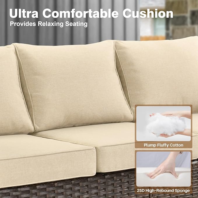 ovios 7 Pieces Patio Furniture Set, Outdoor Wicker Sofa Couch with 4 Chairs Comfy Cushions, All Weather Brown Rattan Conversation Set for Backyard Deck Porch, Beige