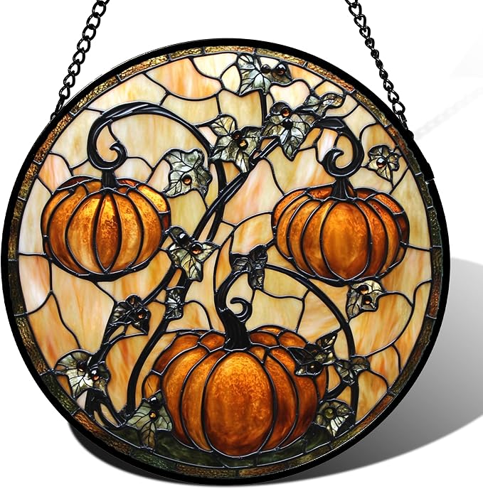 DASTOLL Stained Glass Window Hanging - Halloween Decoration Orange Pumpkin Vine Leaves Suncatcher for Door Garden Spooky Sun Catchers Gothic Decor Horror Gifts for Women Men Friend Boy Girl 11.8 in