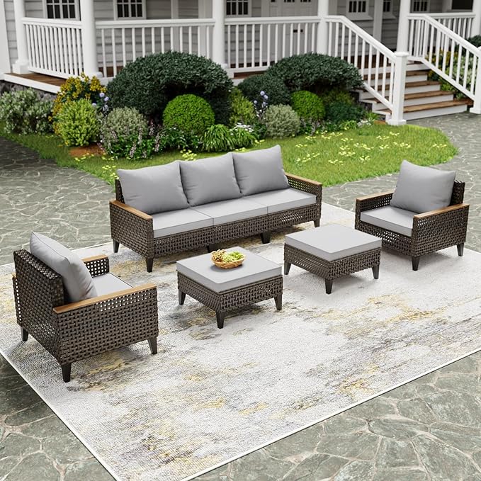 7 Piece Patio Furniture Set, All-Weather Wicker Rattan Outdoor Sectional Sofa Set with High Backrest and Thick Cushions for Garden, Porch, Poolside, Grey