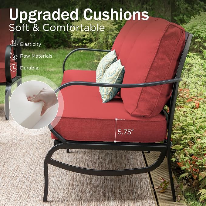 PHI VILLA 7 PCS Patio Furniture Set,Metal Outdoor Furniture with 1x 3 Seater Cushioned Deep Seating Bench Sofa, 2 Swivel Chair, 2 x Leg Chairs & 2 Ottoman for 7 Person, Red