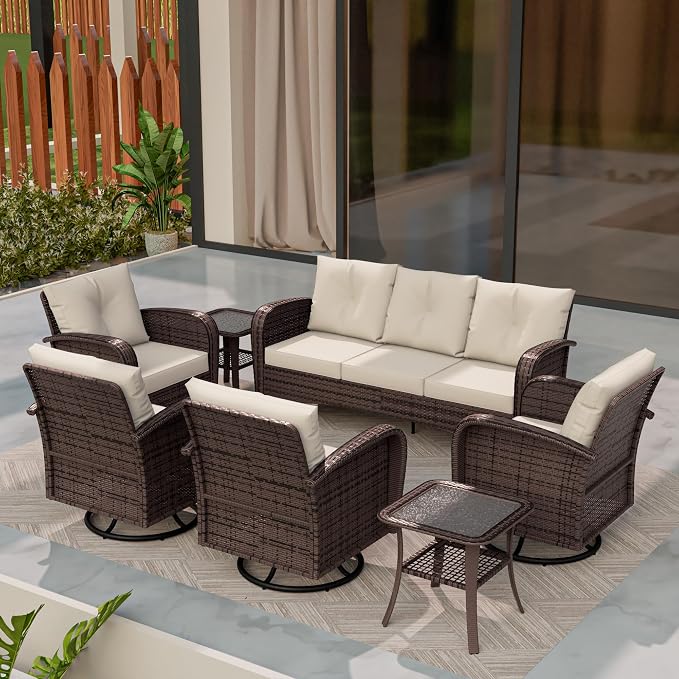 7 Piece Patio Conversation Set – 2 Swivel Rocking Chairs, 2 Coffee Tables & 3-Seater Sofa | PE Wicker Patio Sectional | Heavy-Duty Steel Frame & Weatherproof Cushions, Beige