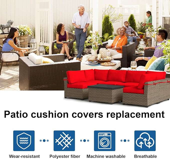 14 PCs Patio Cushion Covers for 7 PCs Outdoor Furniture Sectional Seating Sets Water Resistant Plus 2 Throw Pillows (Red, 23.6(L)*23.6(W)*4.33(T) inches)