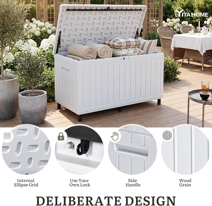 YITAHOME 90 Gallon Outdoor Storage Box with 6 Heavy-Duty Metal Legs & Ergonomic Dual Handles, Large Double-Wall Resin Deck Box, Lockable Waterproof Patio Organizer for Furniture, Cushions, White