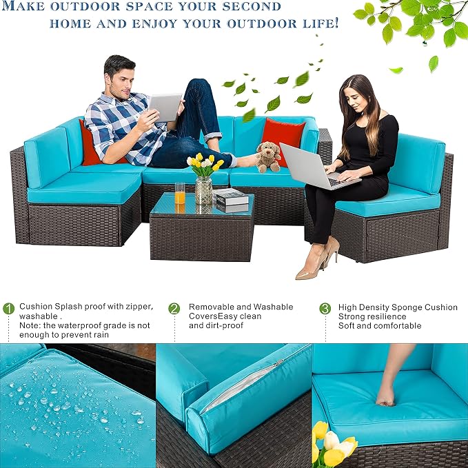 Vongrasig 6 Piece Small Patio Furniture Sets, Outdoor Sectional Sofa All Weather PE Wicker Patio Sofa Couch Garden Backyard Conversation Set with Glass Table,Blue Cushions and Red Pillows (Blue)