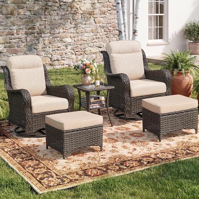 5-Piece Outdoor Swivel Chairs with Ottoman and Side Table, Patio Glider Chair with 6" Thick Cushions, Weather-Resistant Rattan Patio Furniture Set, for Yard, Poolside, Porch, Deck