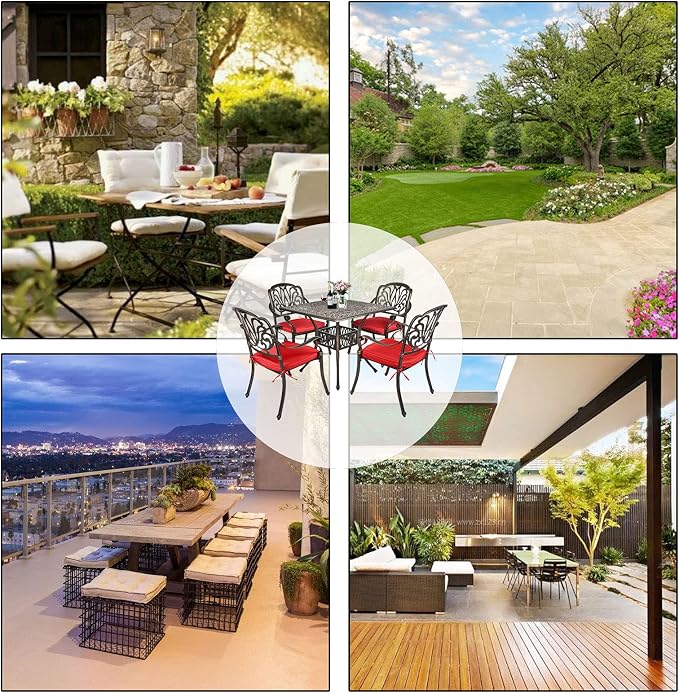 TITIMO 5-Piece Outdoor Patio Dining Set, Cast Aluminum Patio Furniture Set | 4 Pattern Chairs with Red Cushions and 35.4" Square Table, Cast Aluminum Conversation Set for Yard, Garden, Porch, Poolside