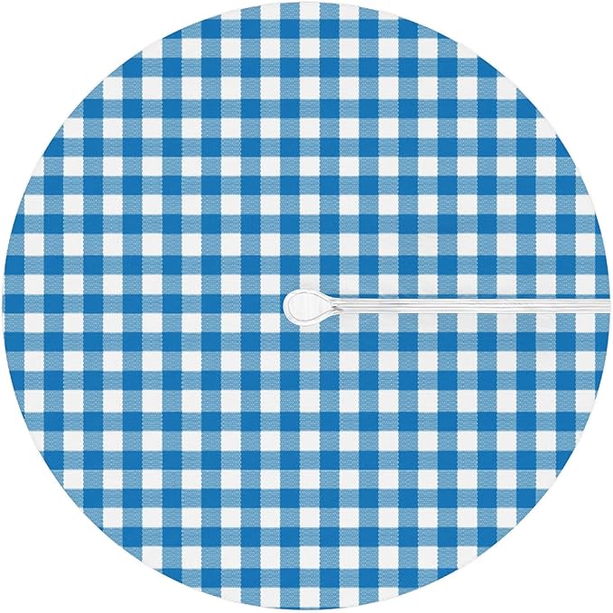 Fitted Round Tablecloth with Umbrella Hole and Zipper Buffalo Plaid Outdoor Elastic Table Cloth 36"-44" Oil-Proof Waterproof Moroccan Patio Table Cover for Dining Picnic Party, Blue and White