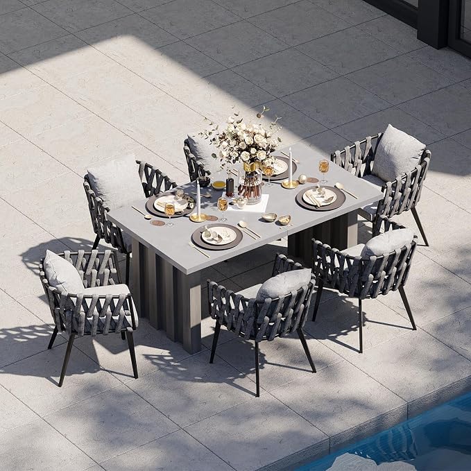 homary 7 Piece Outdoor Patio Dining Table Set, Aluminum Patio Dining Table Set with Extendable Table Top & 6 Woven Arm Chairs, Weatherproof Garden Furniture with Cushions for Backyard, Patio or Deck