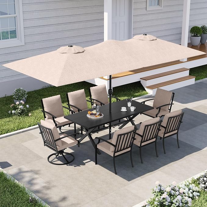 10 PCS Outdoor Patio Dining Set with 13.6ft Double-Sided Patio Umbrella,Patio Table and Chairs Metal Outdoor Patio Furniture Set,Dining Table Set with Swivel Chairs,Brown
