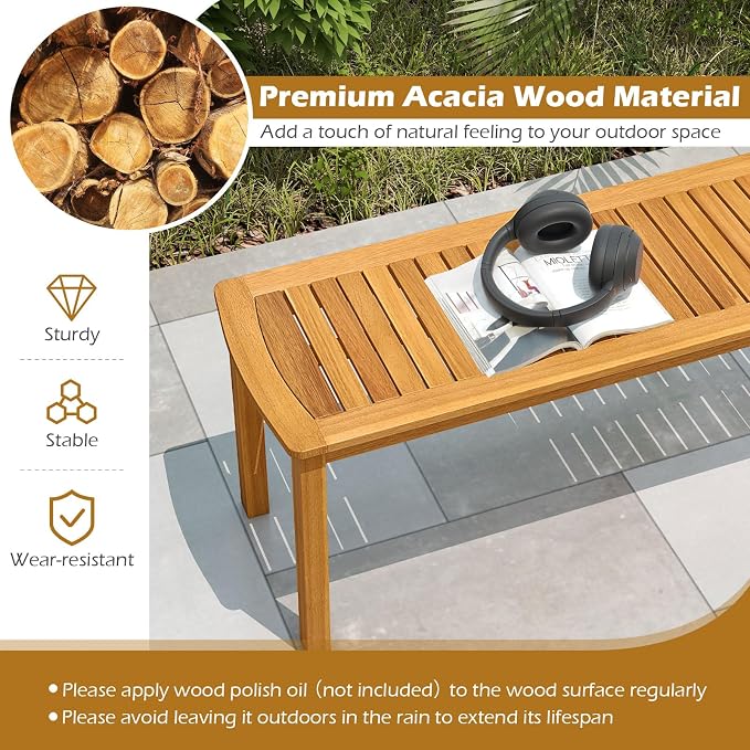 HAPPYGRILL 3 Pieces Acacia Wood Outdoor Dining Set for 4 People, Patio Table & Bench Set with Umbrella Hole, Outside Picnic Furniture