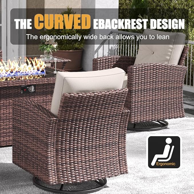LayinSun 7 Pieces Patio Furniture Set with Swivel Chairs, Rattan Wicker Rocking Glide Chairs with 44" Propane Gas Fire Pit Table Conversation Set