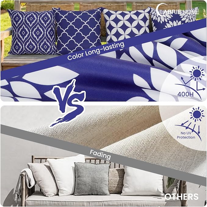 Blue Outdoor Floral Pillow Covers Waterproof 18x18 Set of 2, Outdoor Decorative Throw Pillows Waterproof For Patio Furniture Porch, Navy Blue and White Summer Patio Chair Cushion Covers 18 x 18