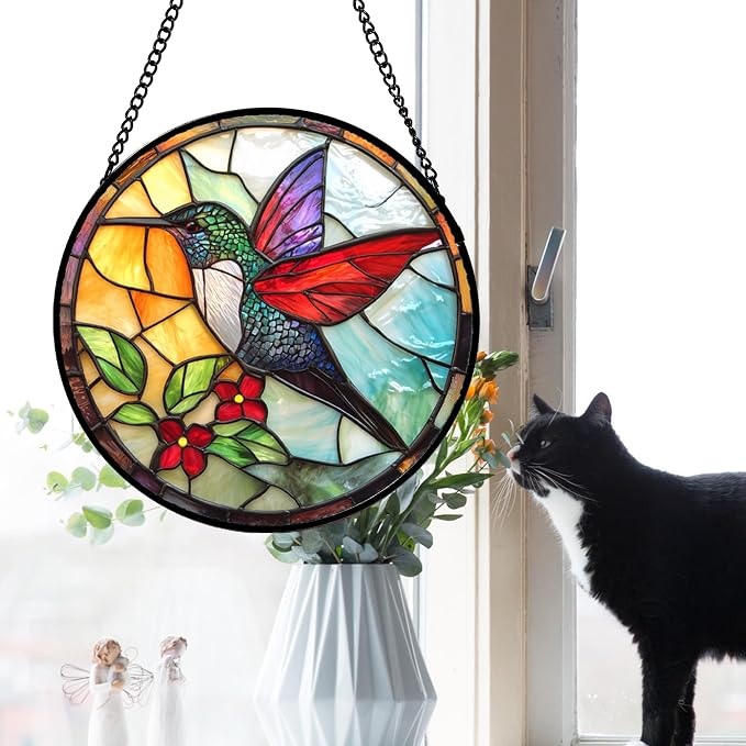 DASTOLL Stained Glass Window Hanging, Hummingbird Gifts Sun Catchers Diamond Glass Panel Hangings Birds Suncatcher Decor for Birthday for Women, Men, Wife, Aunt, and Mom 14.9x14.9 in