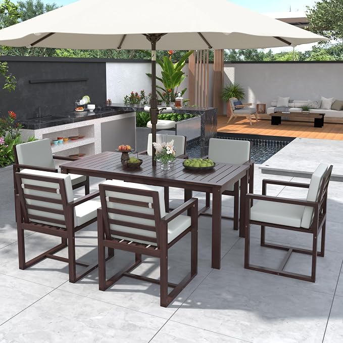 VilroCaz Patio Dining Set Outdoor Dining Table and Chair Set, Acacia Wood All Weather 7 Pieces Dining Gathering Set with Removable Cushions for Patio, Backyard, Garden