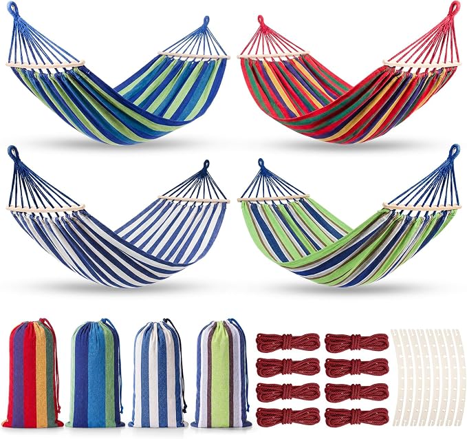 SATINIOR 4 Pack Canvas Camping Hammock for Outside 120 x 59 in Large Comfortable Hammocks up to 660lbs with Travel Bag Anti Roll Balance Beam Tree Strap for Outdoor/Indoor Beach Patio Backyard Garden
