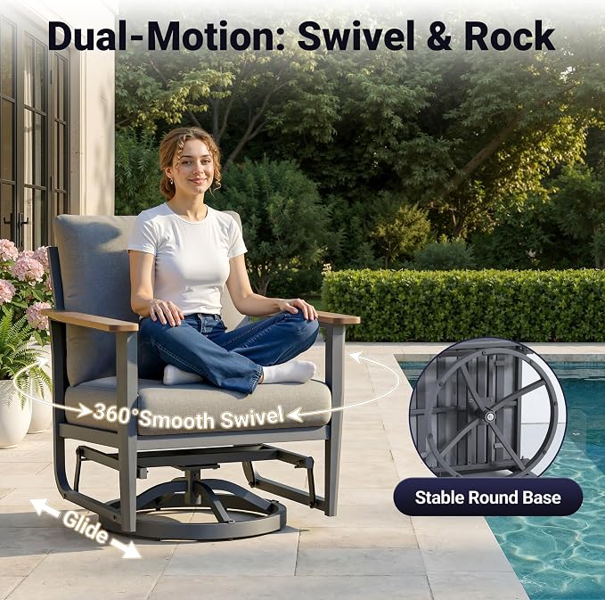 Aluminum Outdoor Patio Furniture Set, 10-Piece Sectional Sofa with 5.1" Thick Cushions, 4 Swivel Rocking Chairs, 55,000 BTU Propane Fire Pit Table, Outdoor Couch for Backyard, Deck, Gray