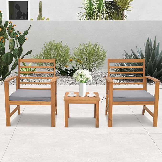 Tangkula 3 Pieces Outdoor Furniture Set, Acacia Wood Conversation Set with Soft Seat Cushions, Stable Acacia Wood Frame, Patio Sofa & Coffee Table Set for Backyard, Porch, Poolside (Grey)
