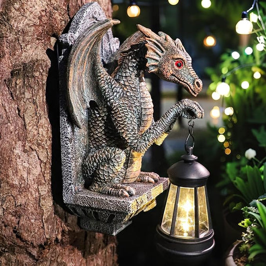 Dragon Statue Solar Lantern for Garden Décor, Dragons Figurine Night Light, 10”Outdoor Decorative Lamp, Mountable on Trees/Walls/Fences. Birthday/Housewarming Gifts for Dragon Fans (Antique Bronze)