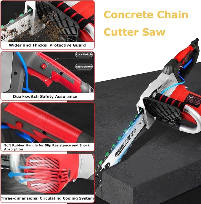 Electric Concrete Chainsaw Wall Cutter Machine 5800W 6500W Handheld Concrete Chain Saw with 2 Diamond Concrete Saw Chain and Water Supply and Dust Suppression (14" Cutting Depth)