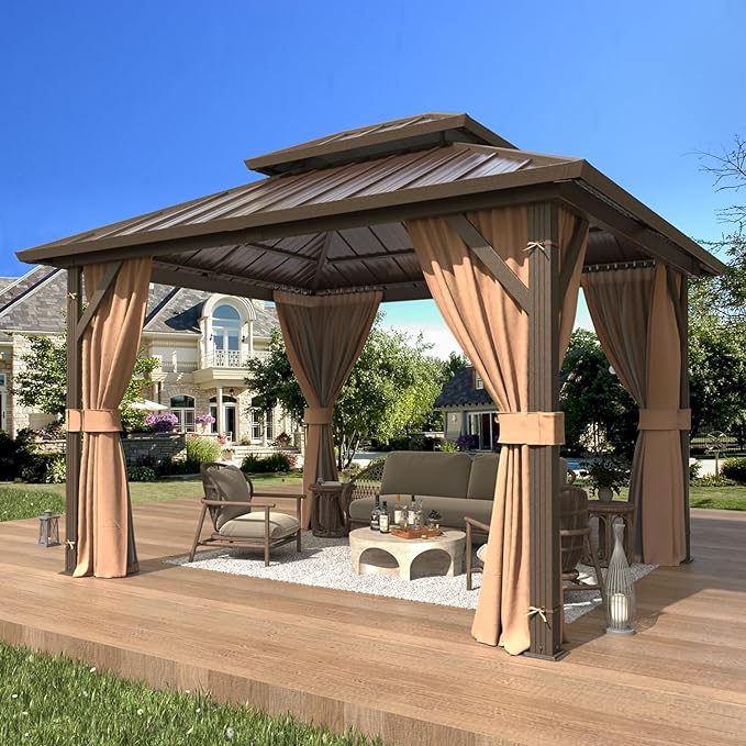 EROMMY 10' x 12' Hardtop Gazebo, Aluminum Frame Gazebos with Galvanized Steel Double Roof, Permanent Outdoor Metal Pavilion with Curtain and Netting for Patio, Lawn, Deck