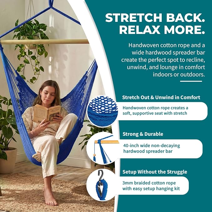 Bliss Hammocks BHC-412BLU Island Rope Hammock Chair, Eco Friendly & Hand-Woven Cotton, Varnish Coated 40 Inch Wood Spreader, Easy to Hang w/Included Hanging Kit, Supports up to 265LBS, Blue Rope