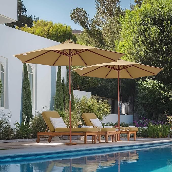 Yescom 9ft Coastal Solid Wood Umbrella Pulley Lift Commercial Base with Wheel Included for Seaside Restaurant Terrace Poolside Beach Club
