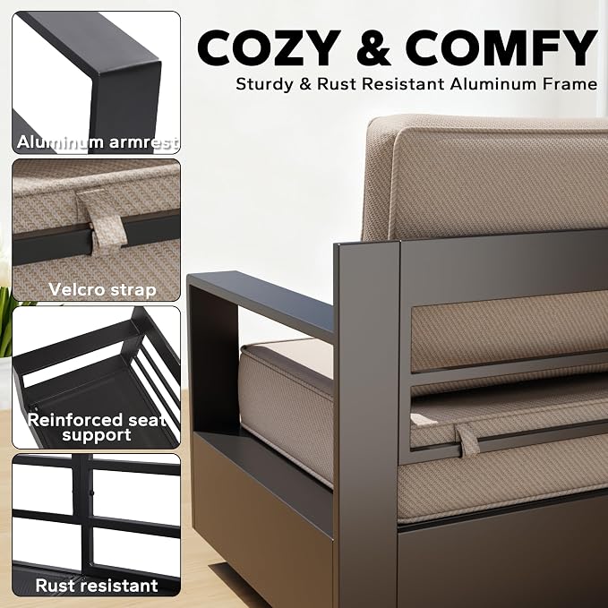 Aluminum Outdoor Conversation Furniture Set - All Weather Patio 79" Sofa with 4 Armchairs, 6" Water-Resistant Cushions & Furniture Covers & Metal Armrest for Deck Porch (Beige)