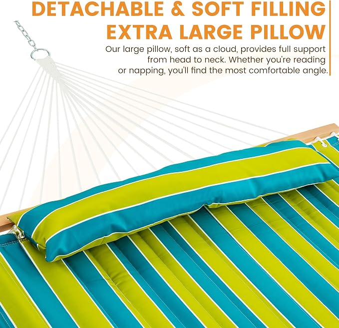 Lazy Daze Hammocks 12FT Quilted Fabric Hammock with Pillow, Double 2 Person Hammock with Spreader Bar for Outdoor Outside Patio Garden Yard Pool Beach QFH009