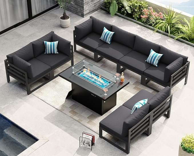 NICESOUL 9 Pcs Modern Aluminum Outdoor Patio Furniture Set with Fire Pit Table Propane/Gas, Extra Large All-Weather Modular Sectional Couch, 29" Wide Deep Seating Conversation Sofa for Deck, Dark Grey